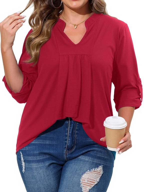 Plus Size Blouse for Women Dressy Pleated Tunic Tops Roll Up 3/4 Sleeve Shirts