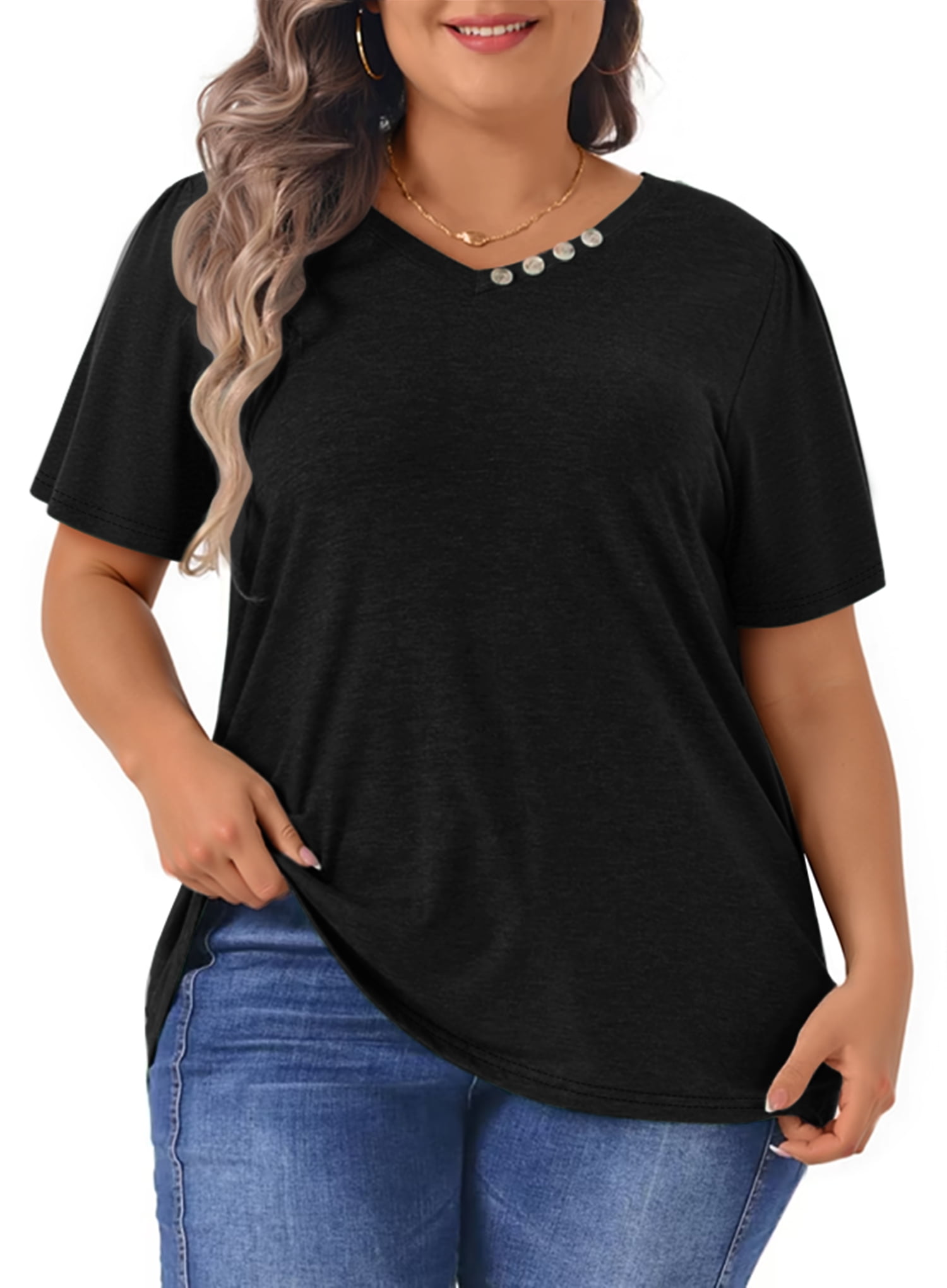 WellSize Plus Size Blouses for Women, Short Sleeve V Neck Button Tunic ...