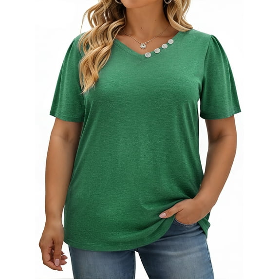 WellSize Plus Size Blouses for Women Button Tunic Tops V Neck Short Sleeve Summer Shirts