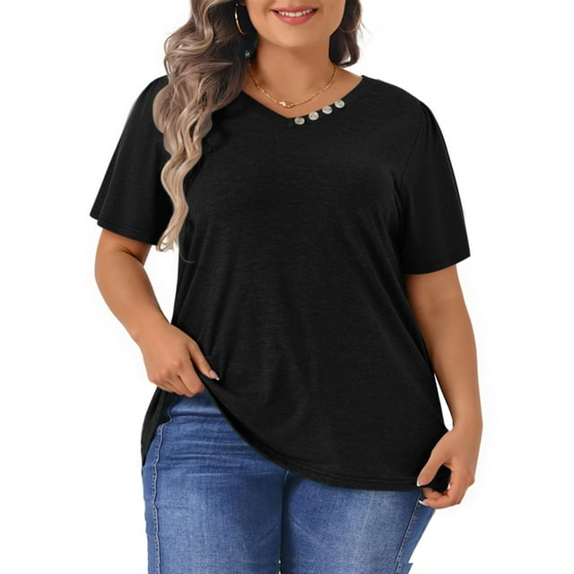 WellSize Plus Size Blouses for Women Button Tunic Tops V Neck Short Sleeve Summer Shirts