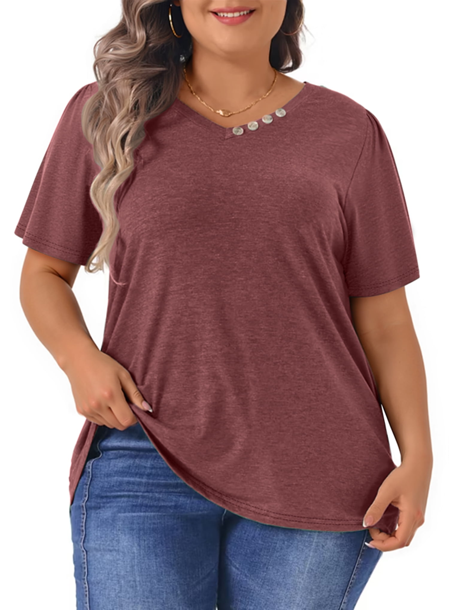WellSize Plus Size Blouses for Women Button Tunic Tops V Neck Short ...