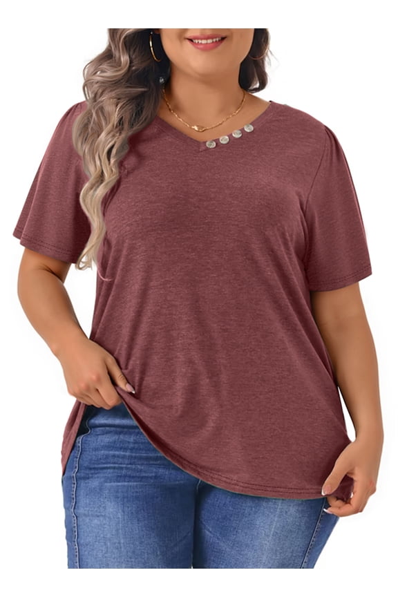 Plus Size Blouses for Women Button Tunic Tops V Neck Short Sleeve Summer Shirts