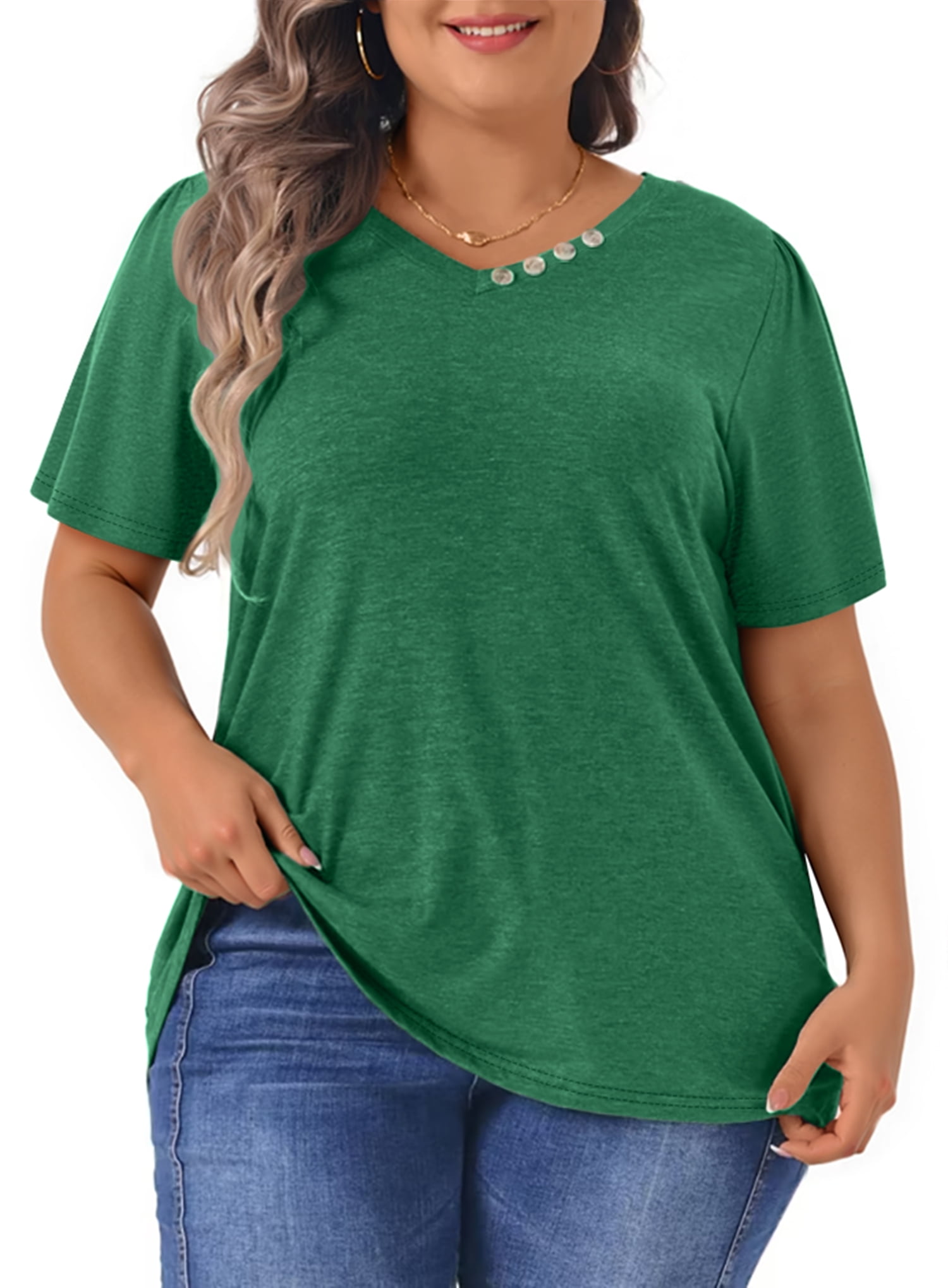 WellSize Plus Size Blouses for Women Button Tunic Tops V Neck Short ...