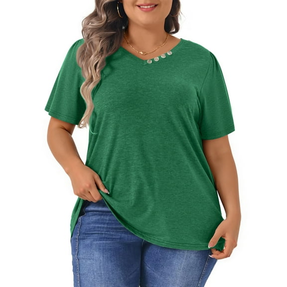 WellSize Plus Size Blouses for Women Button Tunic Tops V Neck Short Sleeve Summer Shirts