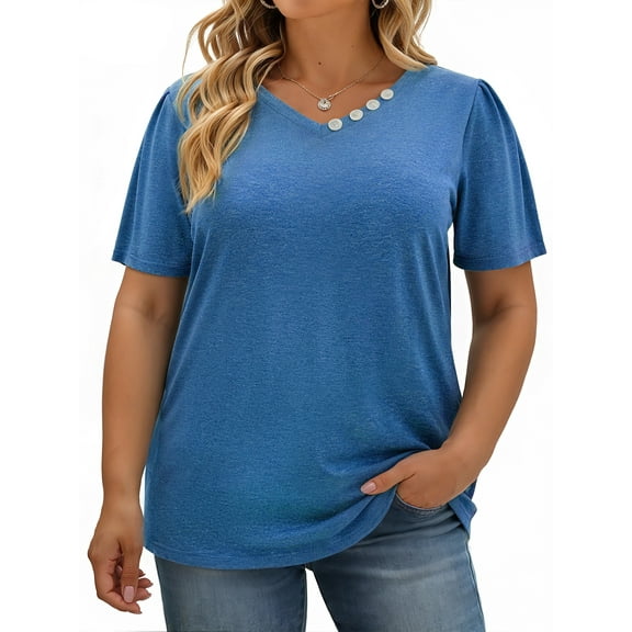 WellSize Plus Size Blouses for Women Button Tunic Tops V Neck Short Sleeve Summer Shirts