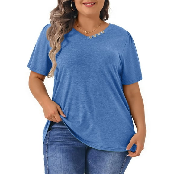WellSize Plus Size Blouses for Women Button Tunic Tops V Neck Short Sleeve Summer Shirts