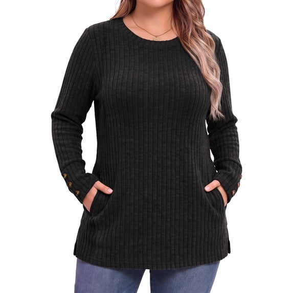 WellSize Plus Size Blouses for Women Casual Tunic Tops Long Sleeve Buttons Shirts Crew Neck Fall Sweaters with Pockets