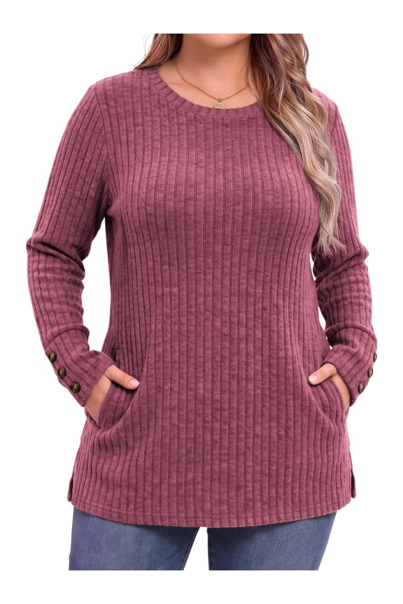 Plus Size Blouses for Women Casual Tunic Tops Long Sleeve Buttons Shirts Crew Neck Fall Sweaters with Pockets