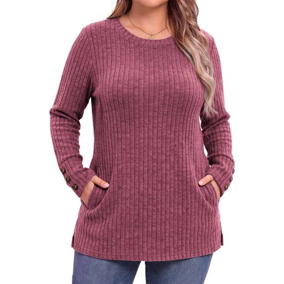 WellSize Plus Size Blouses for Women Casual Tunic Tops Long Sleeve Buttons Shirts Crew Neck Fall Sweaters with Pockets