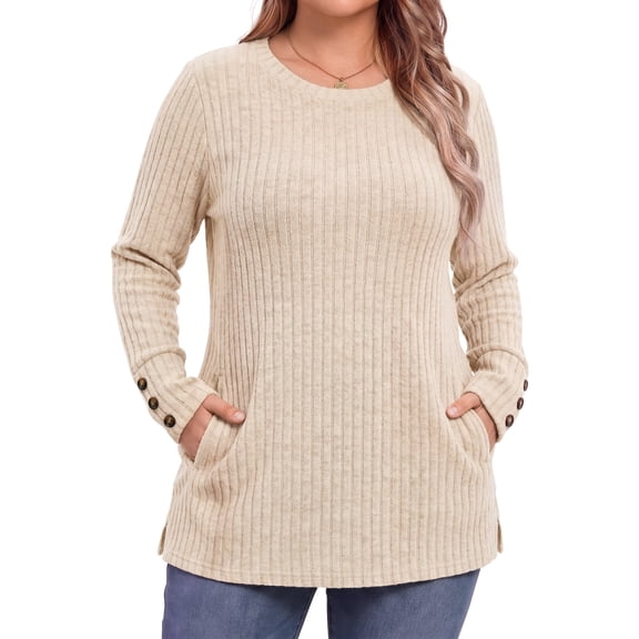 WellSize Plus Size Blouses for Women Casual Tunic Tops Long Sleeve Buttons Shirts Crew Neck Fall Sweaters with Pockets