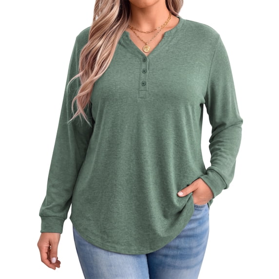 WellSize Plus Size Blouses for Women Henley V Neck Tops Casual Long Sleeve Button Shirts Fall Pullover Outfit