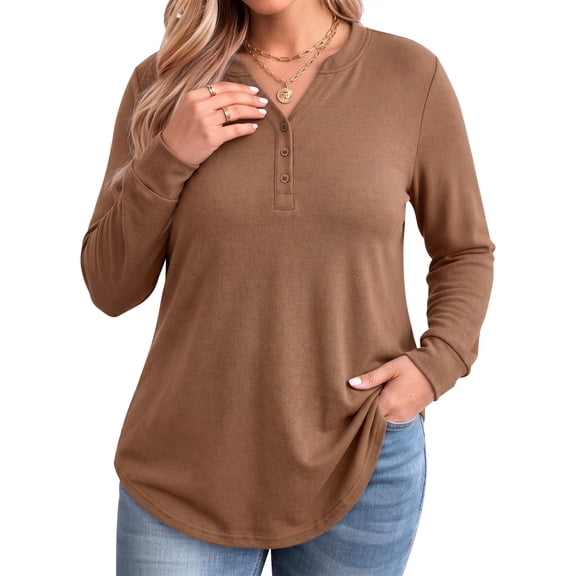 WellSize Plus Size Blouses for Women Henley V Neck Tops Casual Long Sleeve Button Shirts Fall Pullover Outfit