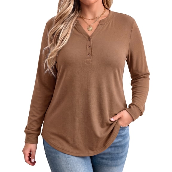 WellSize Plus Size Blouses for Women Henley V Neck Tops Casual Long Sleeve Button Shirts Fall Pullover Outfit