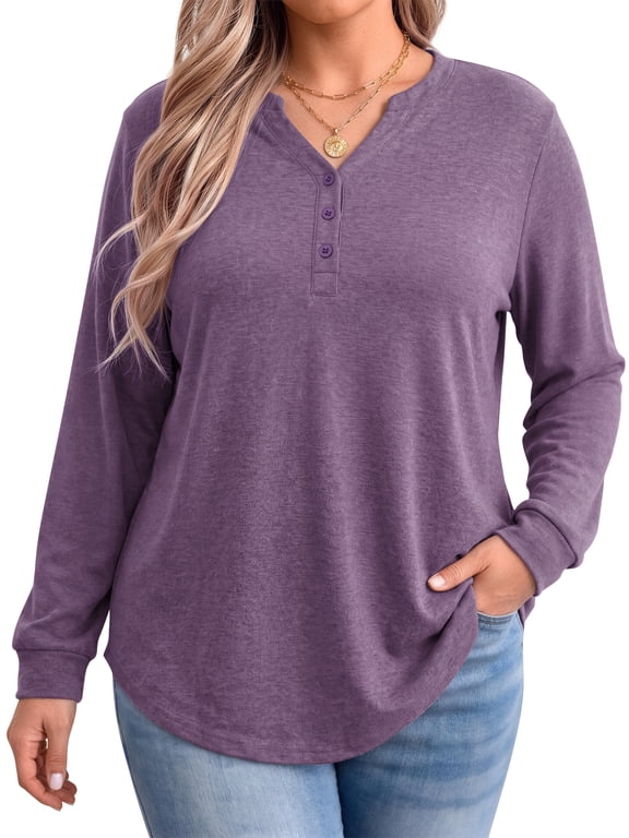 Plus Size Blouses for Women Henley V Neck Tops Casual Long Sleeve Button Shirts Fall Pullover Outfit