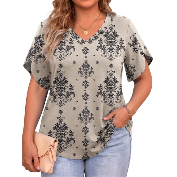 WellSize Plus Size Blouses for Women V Neck Short Petal Sleeve Tunic Tops Casual Summer Floral Shirts