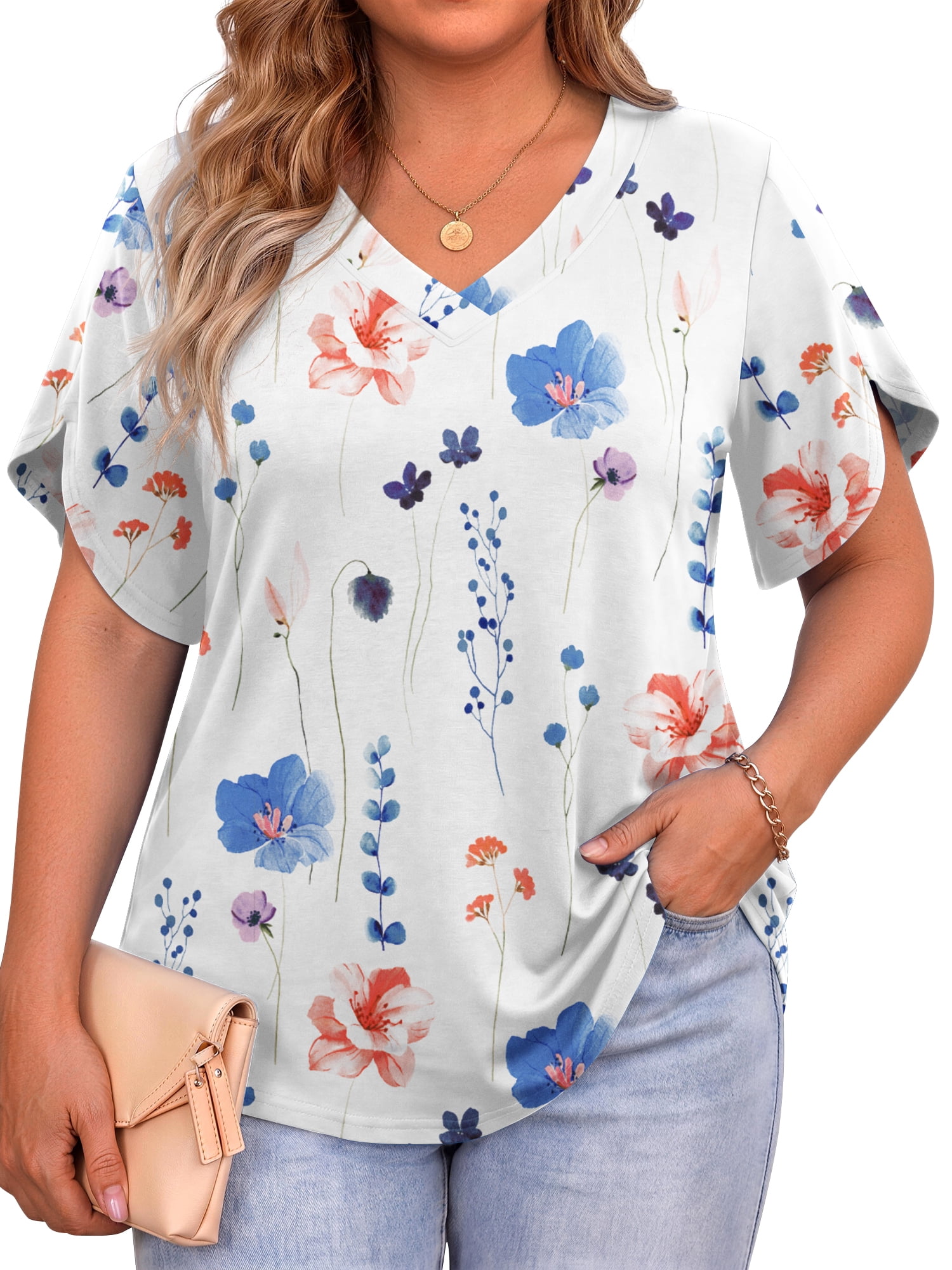 WellSize Plus Size Blouses for Women V Neck Short Petal Sleeve Tunic ...