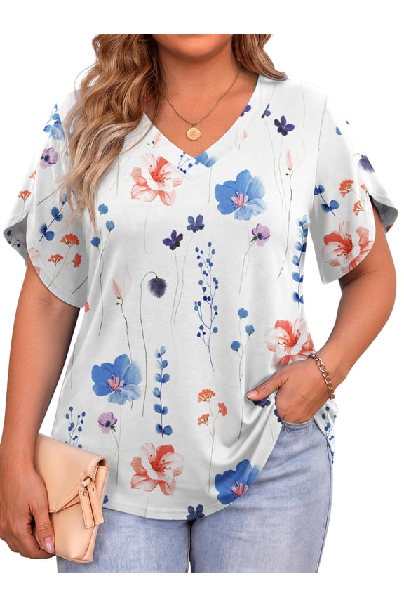 Plus Size Blouses for Women V Neck Short Petal Sleeve Tunic Tops Casual Summer Floral Shirts