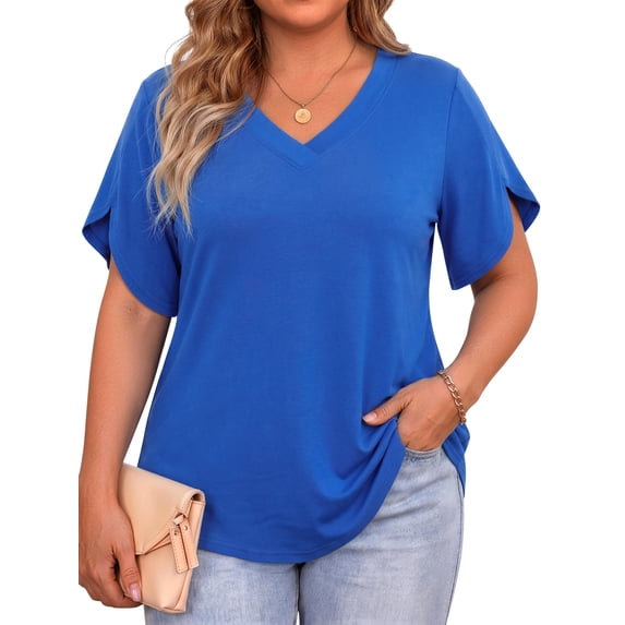 WellSize Plus Size Blouses for Women V Neck Short Petal Sleeve Tunic Tops Casual Summer Floral Shirts