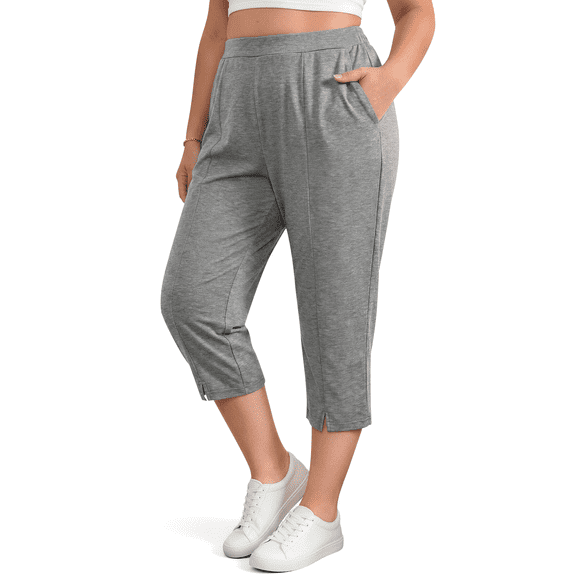 WellSize Plus Size Capri Pants for Women High Waisted Split Casual Lounge Pants With Pockets Summer Lightweight Cropped Pants