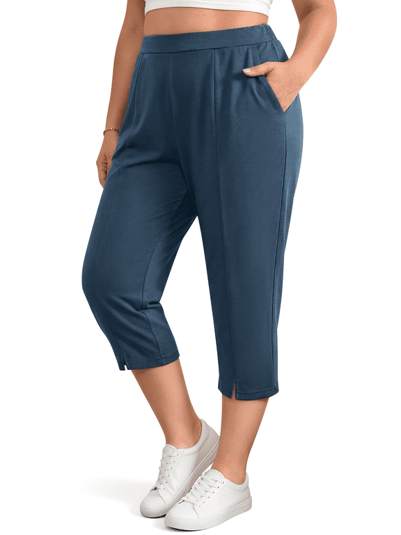 Plus Size Capri Pants for Women High Waisted Split Casual Lounge Pants With Pockets Summer Lightweight Cropped Pants