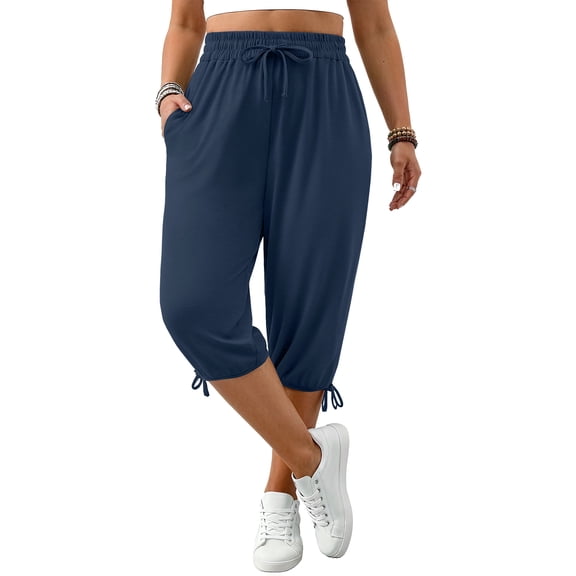 WellSize Plus Size Capris Pants for Women Lightweight Casual Joggers with Pockets Loose Fit High Waisted Pants