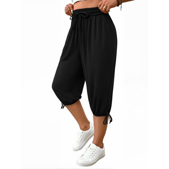 WellSize Plus Size Capris Pants for Women Lightweight Casual Joggers with Pockets Loose Fit High Waisted Pants