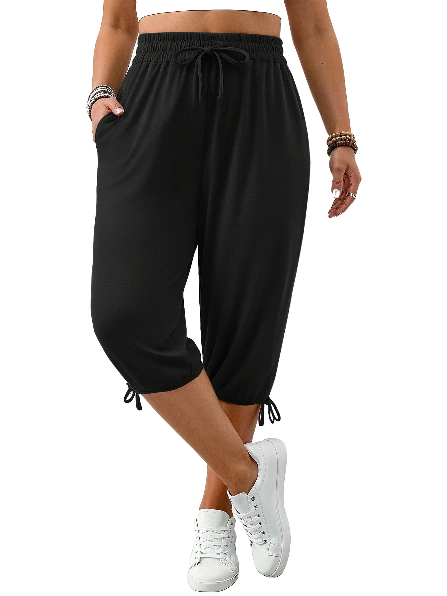Plus Size Capris Pants for Women Lightweight Casual Joggers with Pockets Loose Fit High Waisted Pants