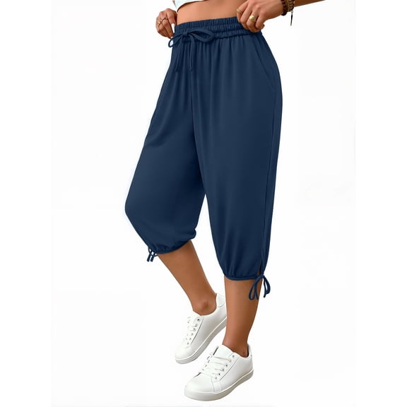 WellSize Plus Size Capris Pants for Women Lightweight Casual Joggers with Pockets Loose Fit High Waisted Pants
