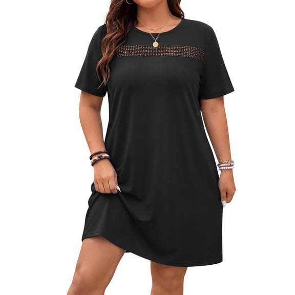 WellSize Plus Size Dresses For Women Summer Crew Neck Short Sleeve T Shirt Dress Casual Lace Sundresses with Pockets