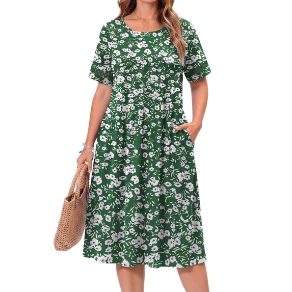WellSize Plus Size Dresses for Women Summer Crew Neck Short Sleeve Sundresses Casual Beach Midi Dresses with pockets