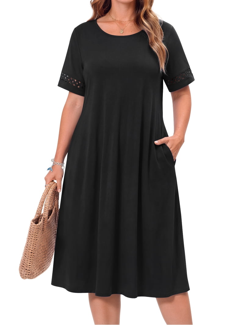 large ladies summer dresses WellSize Plus Size for Women Crew Neck Short Sleeve Sundresses Casual Beach Midi Dresses with pockets PromotionName: Up To 60% Off