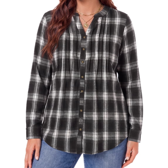 WellSize Plus Size Flannel Plaid Shirts for Women Casual V Neck Button Down Shirts Loose Long Sleeve Fall Tops