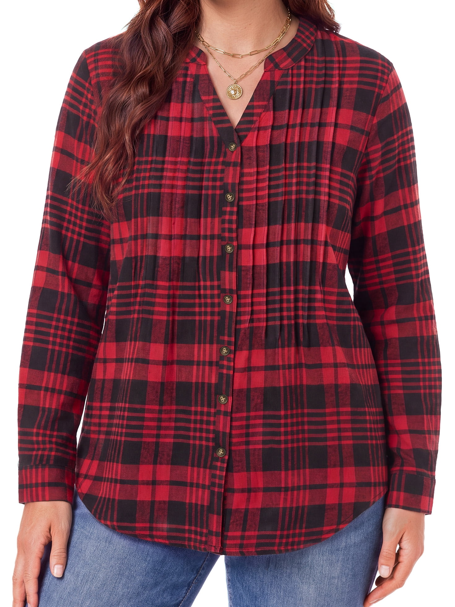 WellSize Plus Size Flannel Plaid Shirts for Women Casual V Neck Button ...