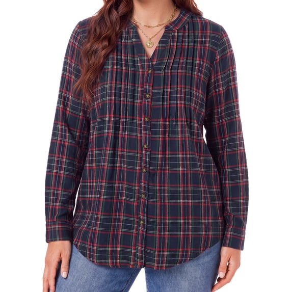 WellSize Plus Size Flannel Plaid Shirts for Women Casual V Neck Button Down Shirts Loose Long Sleeve Fall Tops