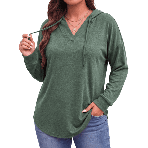 WellSize Womens Plus Size Hoodies Trendy Drawstring Sweatshirts for Women Casual V Neck Tops Fall Lightweight Pullover
