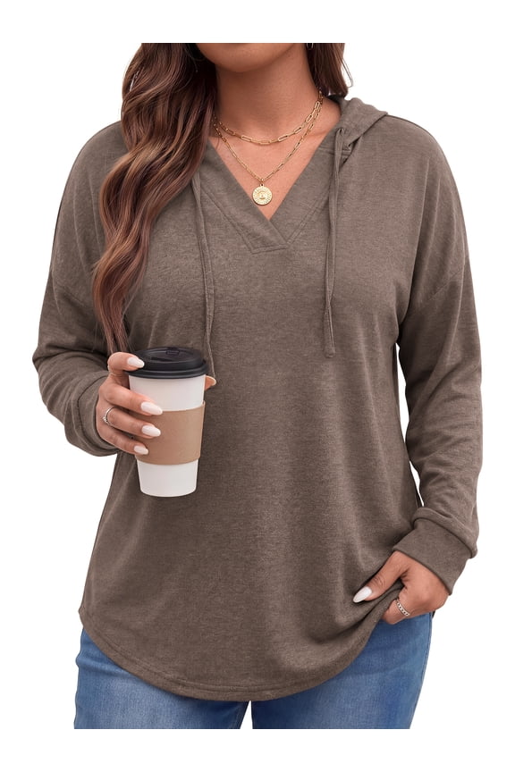 Plus Size Hoodies for Women V Neck Pullover Sweatshirts Drawstring Long Sleeve Tops Loose Fit Fall Outfits