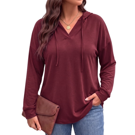 WellSize Womens Plus Size Hoodies Trendy Drawstring Sweatshirts for Women Casual V Neck Tops Fall Lightweight Pullover