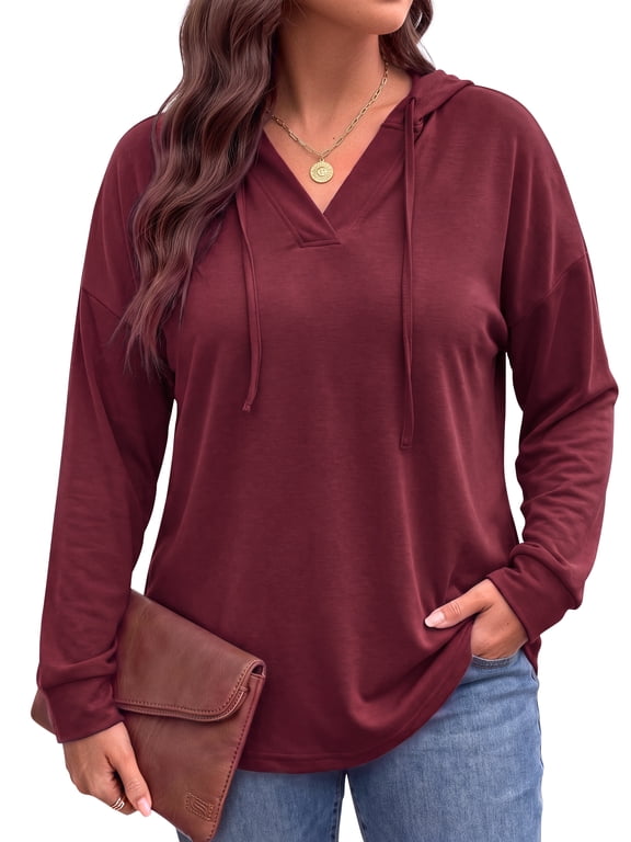 Womens Plus Size Hoodies Trendy Drawstring Sweatshirts for Women Casual V Neck Tops Fall Lightweight Pullover