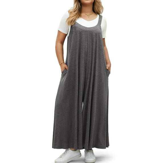 WellSize Plus Size Jumpsuits for Women Adjustable Straps Loose Overalls Long Rompers With Pockets