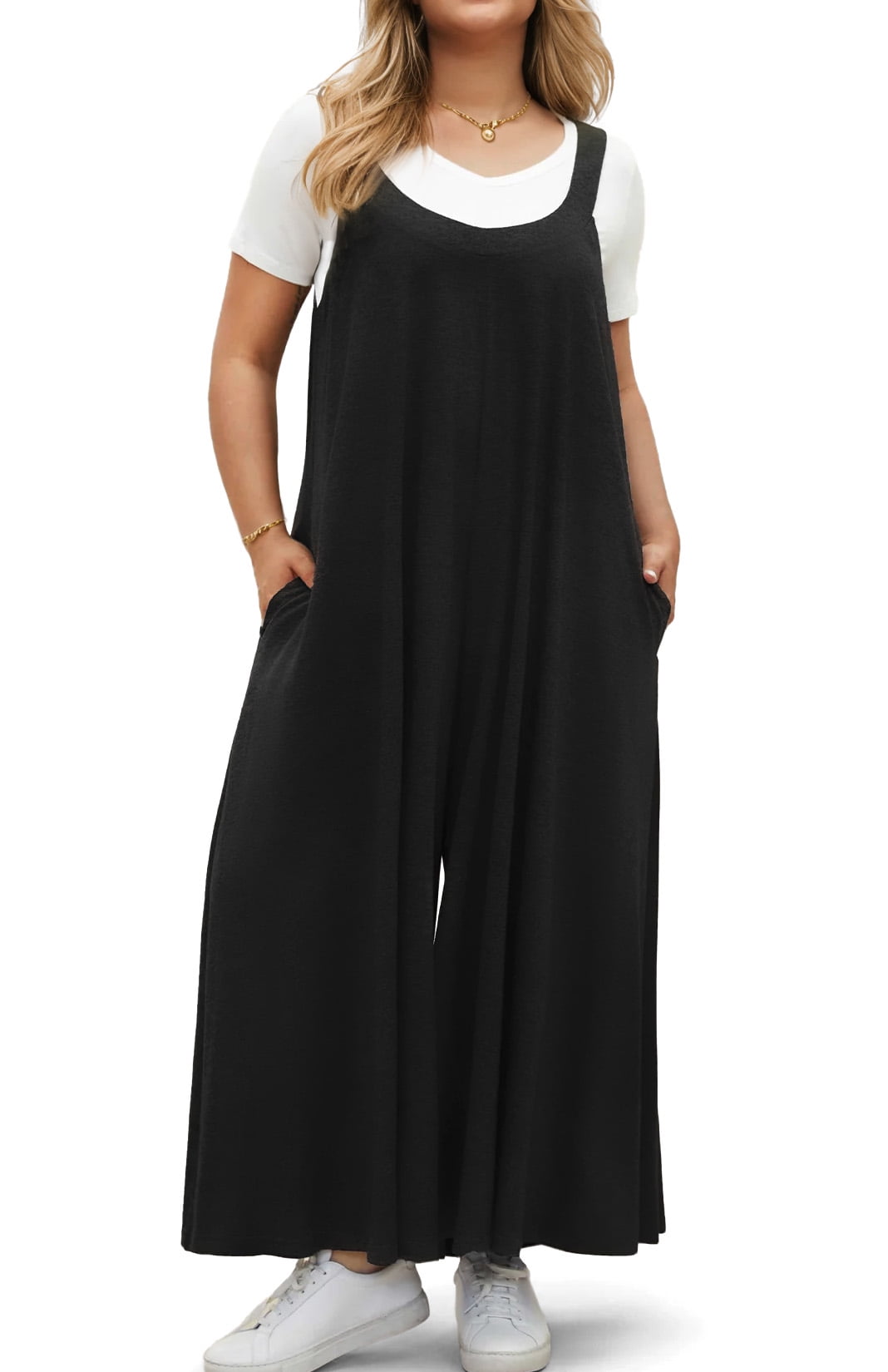 WellSize Plus Size Jumpsuits for Women Adjustable Straps Loose Overalls Long Rompers With Pockets