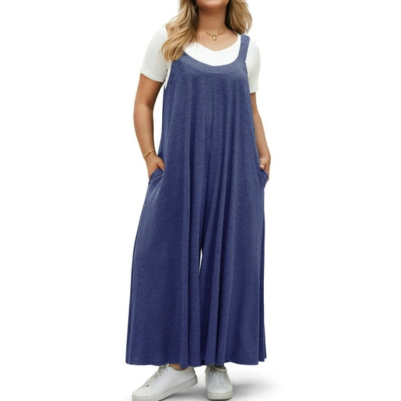 WellSize Plus Size Jumpsuits for Women Adjustable Straps Loose Overalls Long Rompers With Pockets