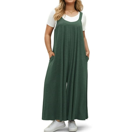 WellSize Plus Size Jumpsuits for Women Adjustable Straps Loose Overalls Long Rompers With Pockets