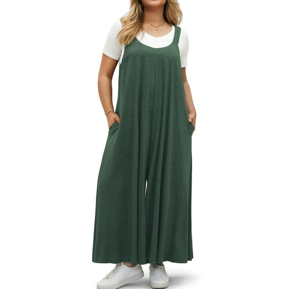 WellSize Plus Size Jumpsuits for Women Adjustable Straps Loose Overalls Long Rompers With Pockets