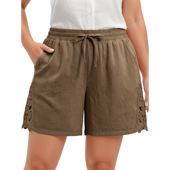 WellSize Plus Size Lace Shorts for Women Summer Drawstring Elastic Waist Short Pants with Pockets
