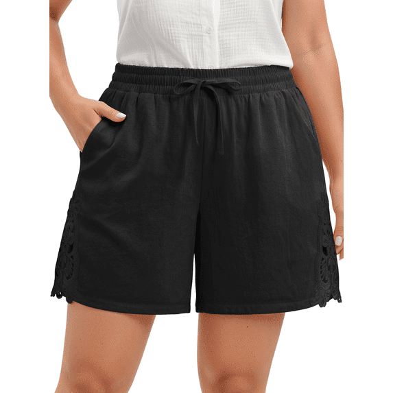 WellSize Plus Size Lace Shorts for Women Summer Drawstring Elastic Waist Short Pants with Pockets