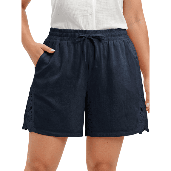 WellSize Plus Size Lace Shorts for Women Summer Drawstring Elastic Waist Short Pants with Pockets