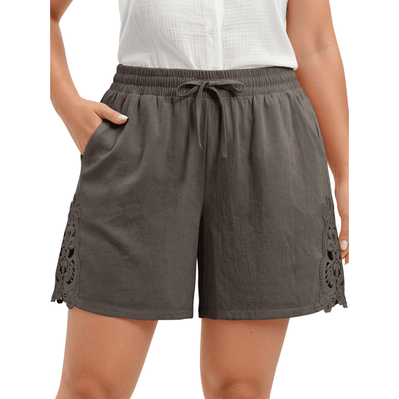 WellSize Plus Size Lace Shorts for Women Summer Drawstring Elastic Waist Short Pants with Pockets