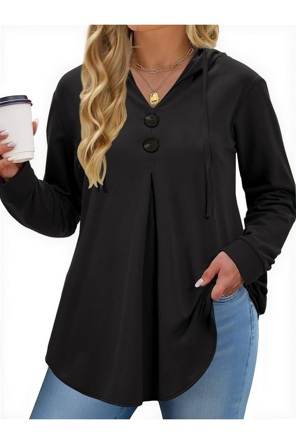 Hoodies for Women Plus Size Long Sleeve Lightweight Sweatshirts Button Tunic Fall Tops V Neck Pullover