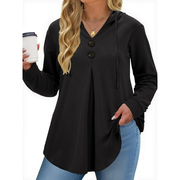 WellSize Hoodies for Women Plus Size Long Sleeve Lightweight Sweatshirts Button Tunic Fall Tops V Neck Pullover