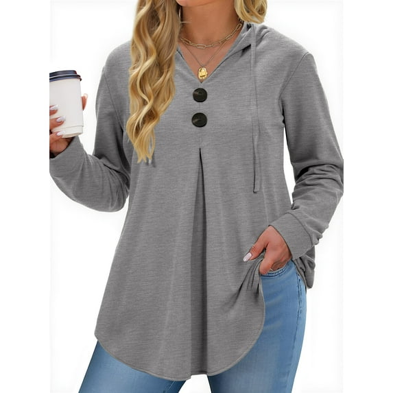 WellSize Hoodies for Women Plus Size Long Sleeve Lightweight Sweatshirts Button Tunic Fall Tops V Neck Pullover